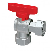 Шаровой кран угловой с накидными гайками (накидные гайки 3/4”), красная ручка (хромированный)