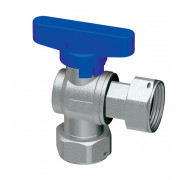 Шаровой кран угловой с накидными гайками (накидные гайки 3/4”), синяя ручка (хромированный)